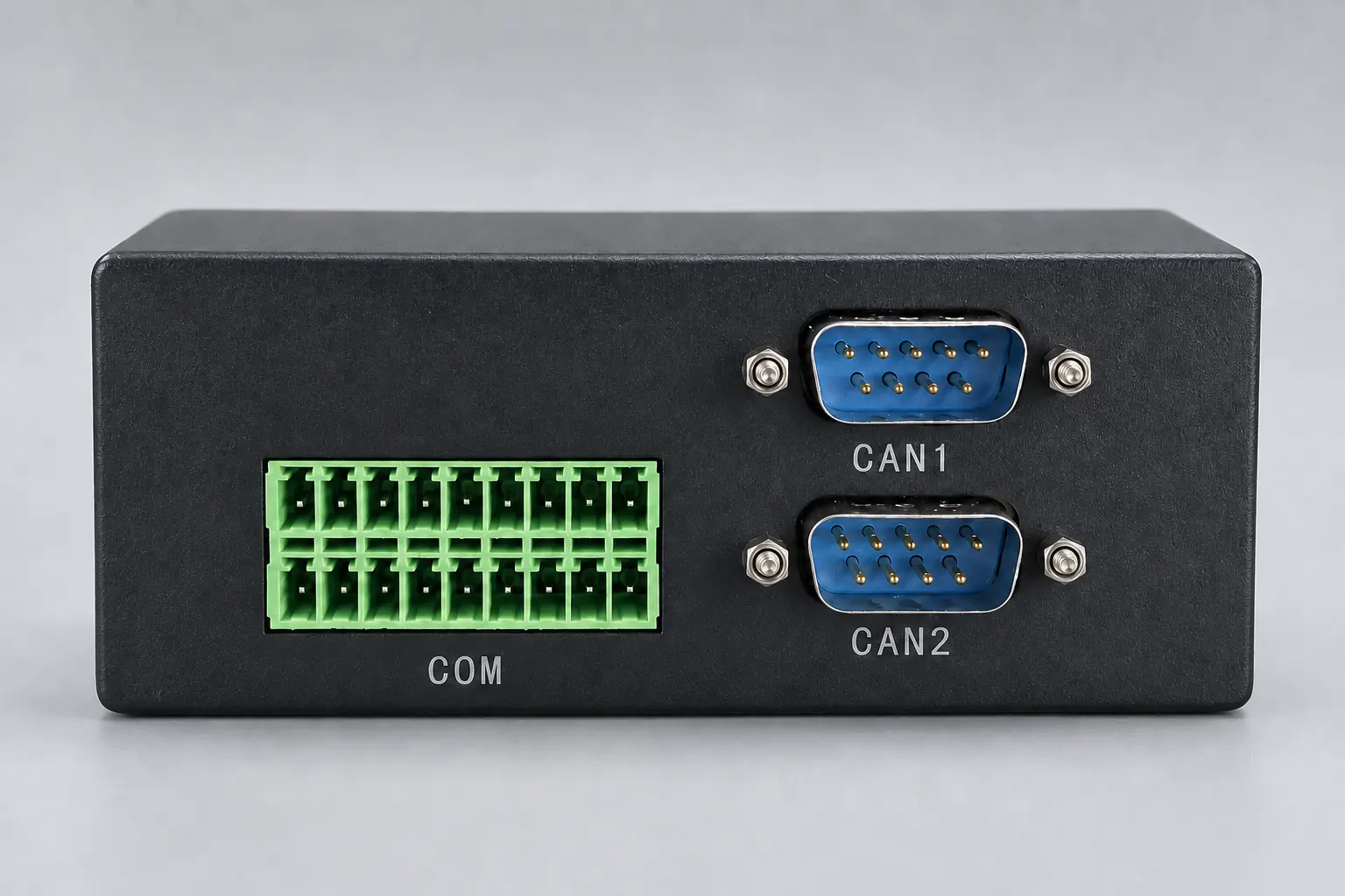 Xilume USB industrial communication hub connector face with two DE9 connectors and one two-by-nine Phoenix terminal block