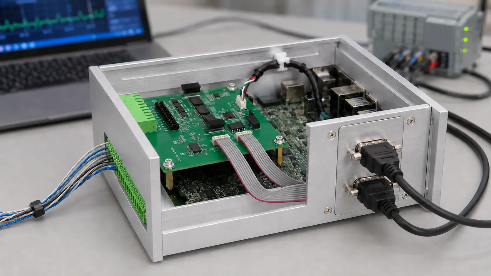 Xilume XE826 embedded communication module installed in an industrial PC with two DB9 cables and serial field wiring connected