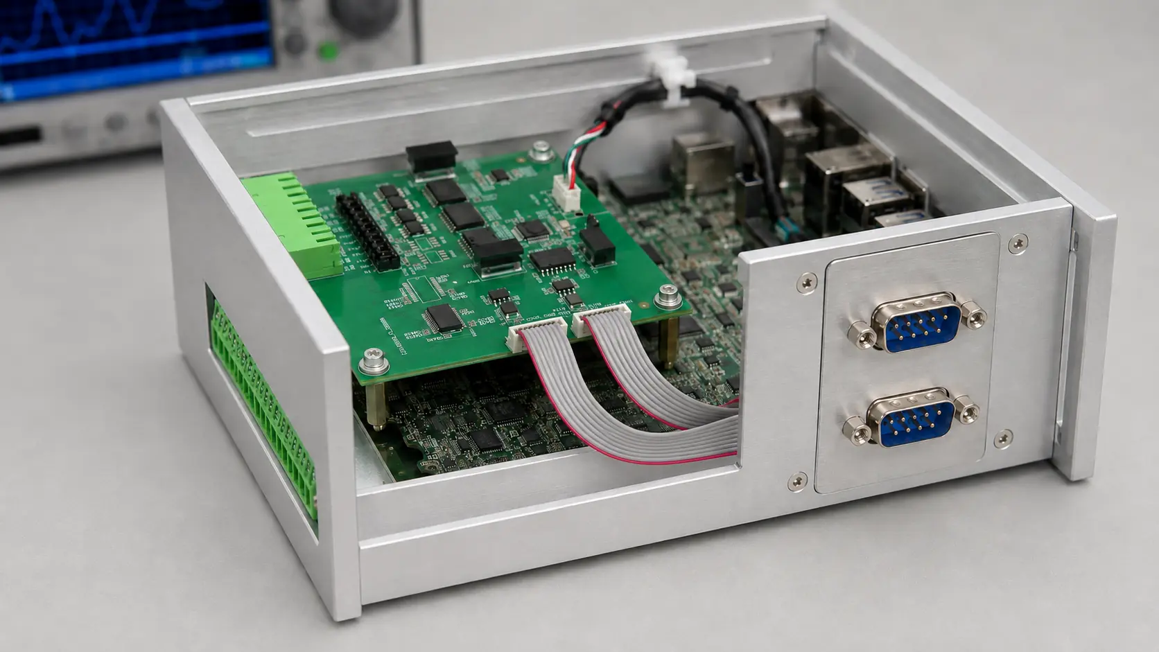 Xilume XE826 embedded communication module installed inside an industrial PC with two external DB9 connectors and an accessible 18-position serial terminal