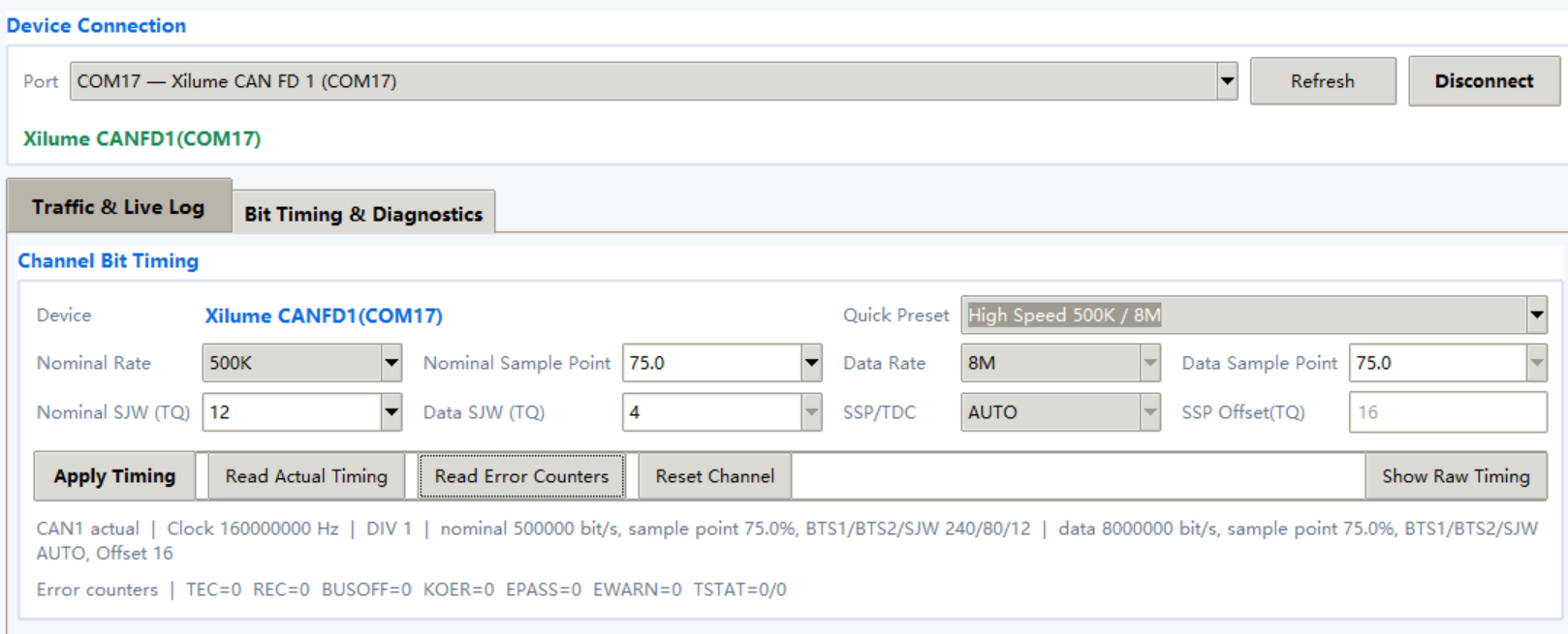English Xilume CAN FD timing screen showing 500K nominal rate and 8M data rate