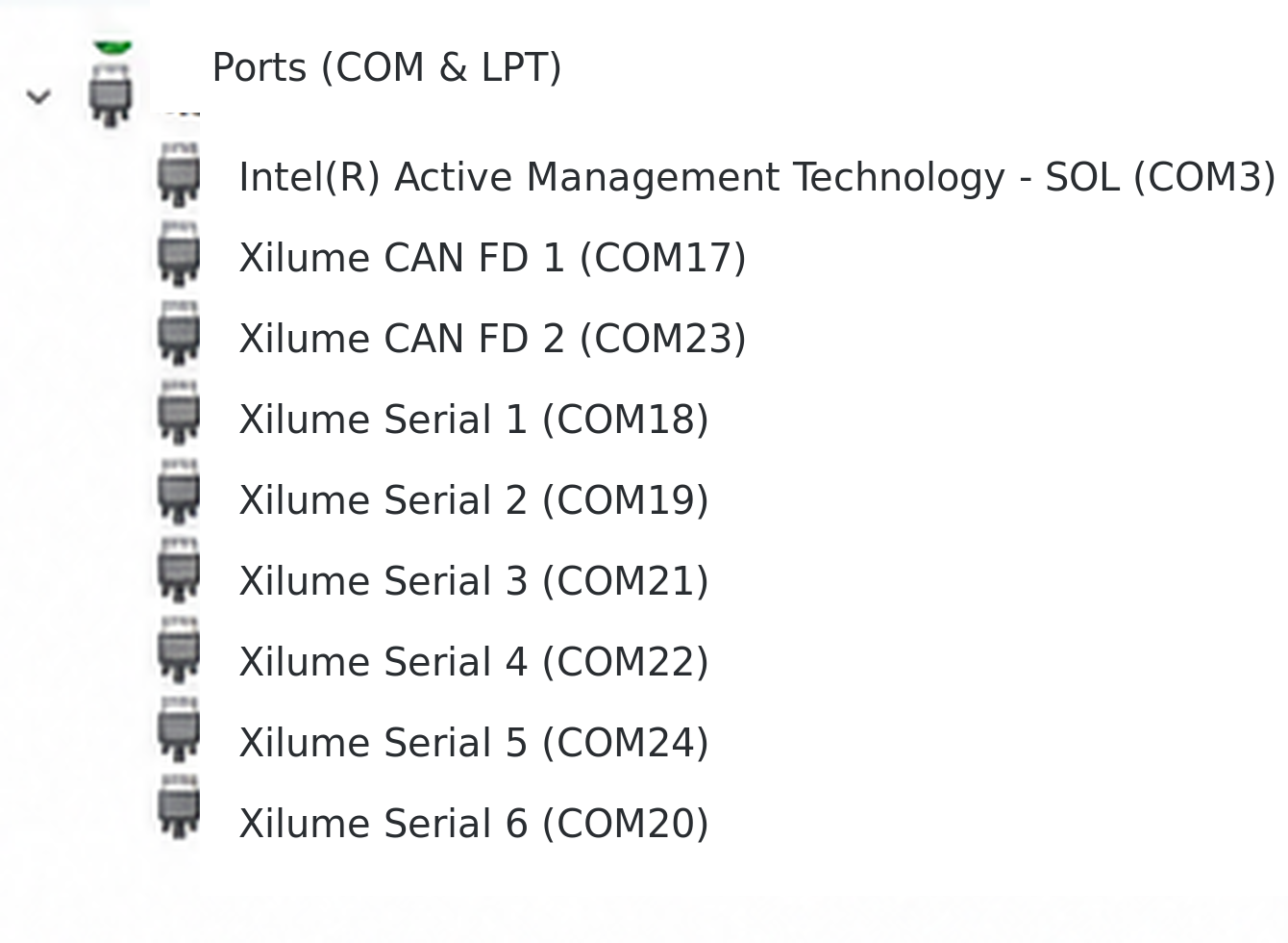English Windows Device Manager showing Xilume CAN FD 1 and 2 plus Xilume Serial 1 through 6 with COM port numbers