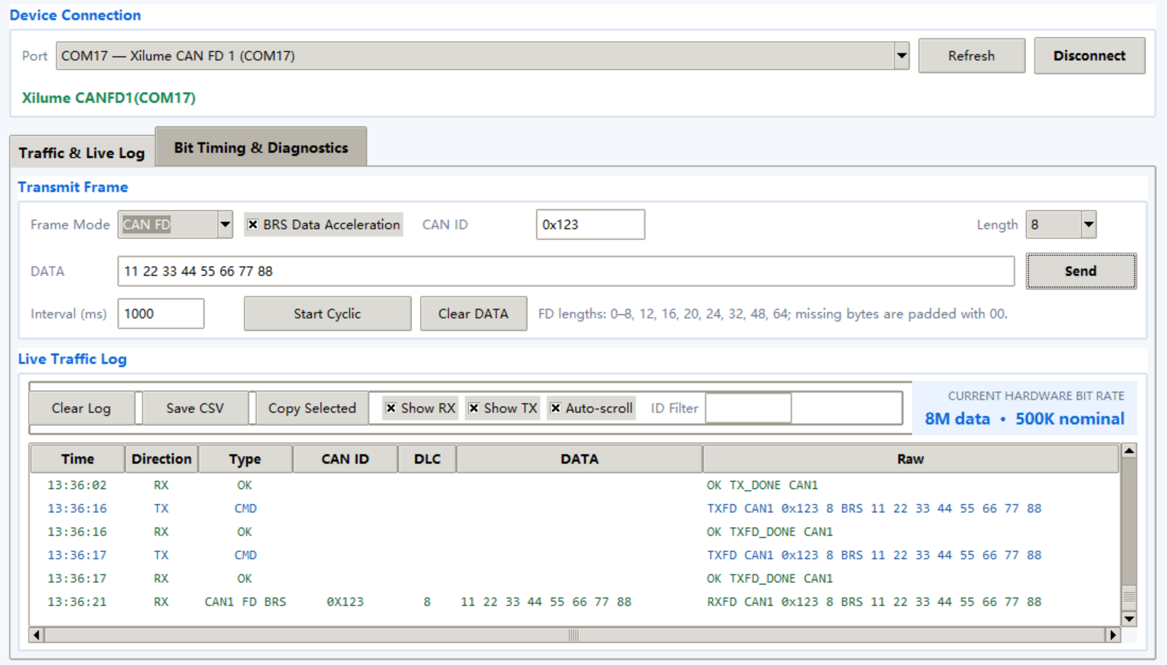 English Xilume CAN FD Control Center showing configuration and live CAN FD traffic