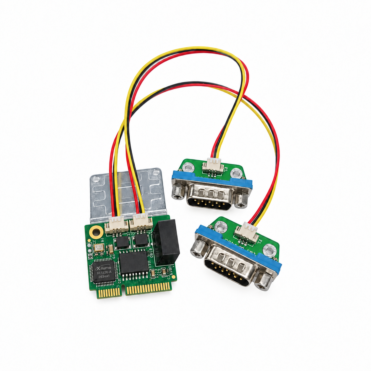 Xilume DualCANFD module with XL1326-A chip marking connected to two DB9 breakout cables