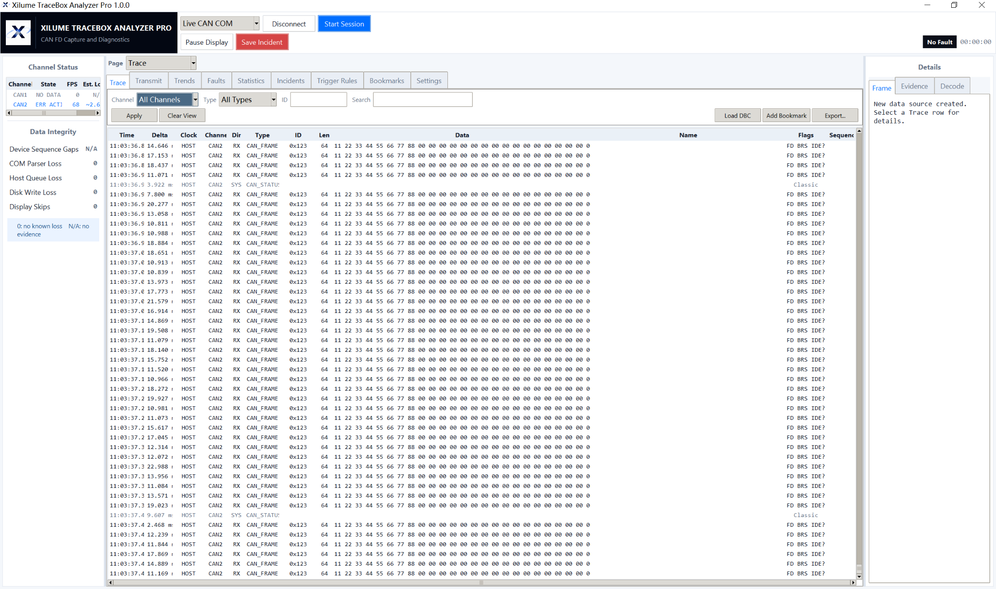 Live CAN FD frame capture showing IDs, payloads, filters and channel activity